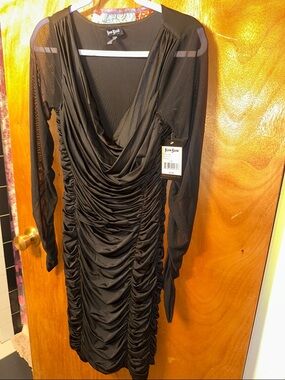 Bisou Bisou Black Ruched Long-Sleeve Midi Dress